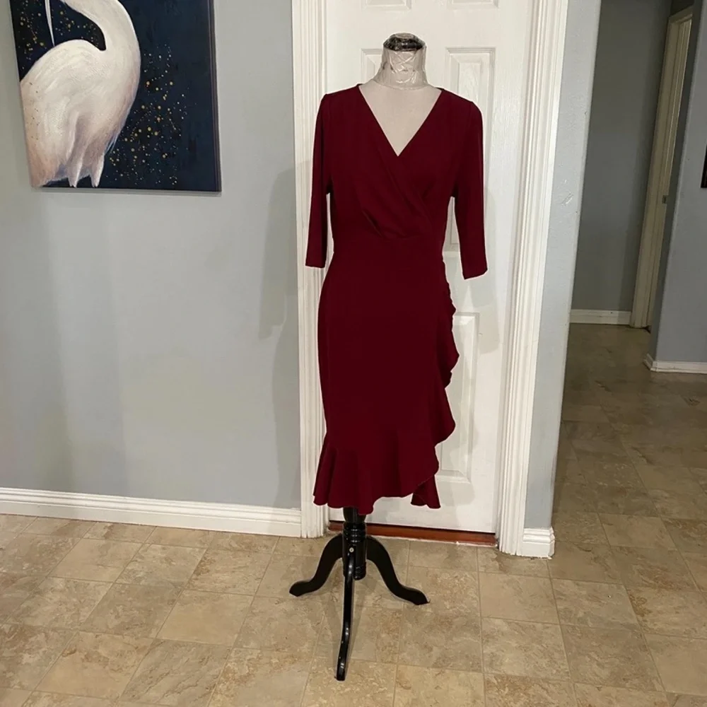 New Women XL Miusol 3/4 Sleeve Burgundy Ruffle Knee length Dress - Picture 3 of 7